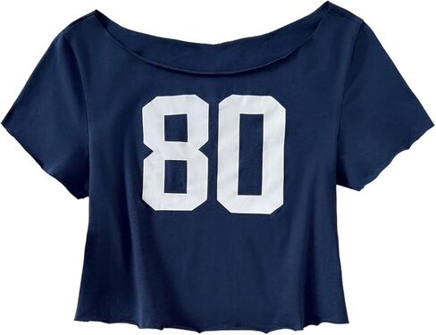 OYOANGLE Girl's Graphic Tees Number Print Short Sleeve Off The Shoulder Top Y2K Crop Tops in Saudi Arabia