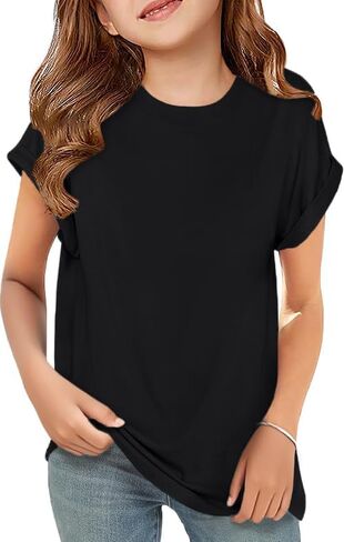 ZDC Girls Short Sleeve T Shirts Kids Crewneck Curve Hem Soft Tunic Tops Summer Tees 5-14 Years in Saudi Arabia