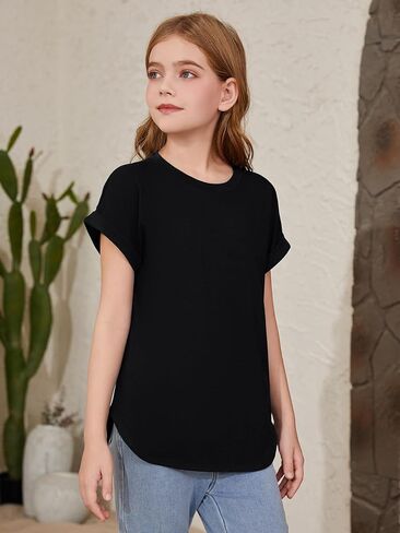 ZDC Girls Short Sleeve T Shirts Kids Crewneck Curve Hem Soft Tunic Tops Summer Tees 5-14 Years in Saudi Arabia