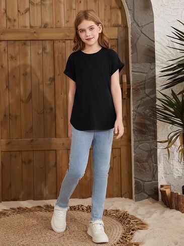 ZDC Girls Short Sleeve T Shirts Kids Crewneck Curve Hem Soft Tunic Tops Summer Tees 5-14 Years in Saudi Arabia