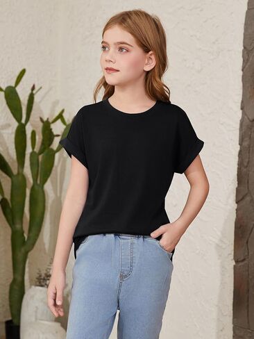 ZDC Girls Short Sleeve T Shirts Kids Crewneck Curve Hem Soft Tunic Tops Summer Tees 5-14 Years in Saudi Arabia
