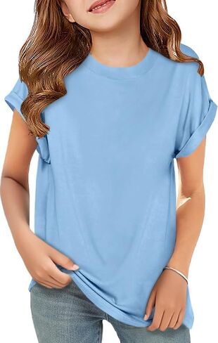ZDC Girls Short Sleeve T Shirts Kids Crewneck Curve Hem Soft Tunic Tops Summer Tees 5-14 Years in Saudi Arabia