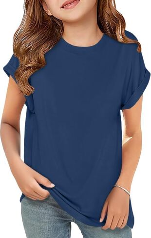 ZDC Girls Short Sleeve T Shirts Kids Crewneck Curve Hem Soft Tunic Tops Summer Tees 5-14 Years in Saudi Arabia
