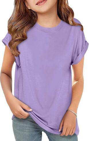 ZDC Girls Short Sleeve T Shirts Kids Crewneck Curve Hem Soft Tunic Tops Summer Tees 5-14 Years in Saudi Arabia