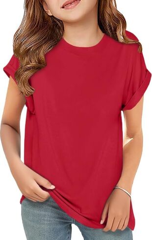 ZDC Girls Short Sleeve T Shirts Kids Crewneck Curve Hem Soft Tunic Tops Summer Tees 5-14 Years in Saudi Arabia