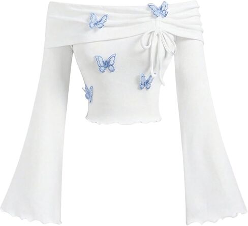 OYOANGLE Girl's Butterfly Off The Shoulder Top Flare Long Sleeve Lettuce Trim Crop Tops Coquette Clothes in Saudi Arabia