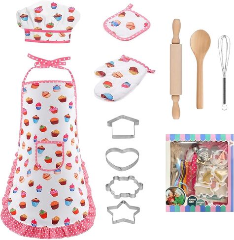 Kids Cooking Baking Set , Kids Kitchen Pretend Play Toys, Kids Chef Role Play Costume Set - Chef Hat and Matching Pink Apron, Birthday Xmas Gifts for 3-8 Year Old Girls Toys in Saudi Arabia