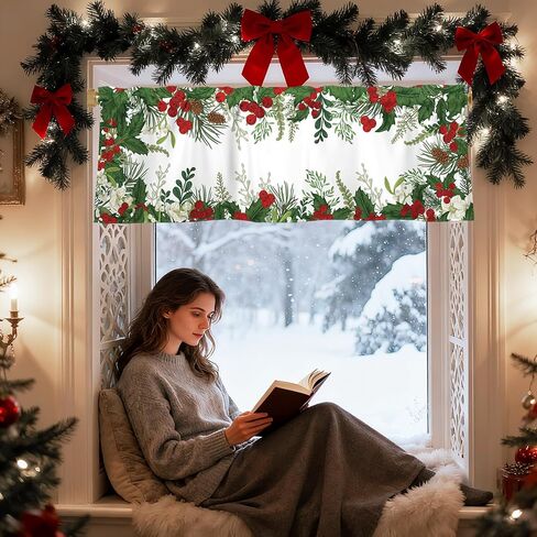 Christmas Curtain Valance 54x18 Inch Holly Branches with Red Berries Curtain Valance for Kitchen Bathroom Living Room Bedroom Decor in Kuwait