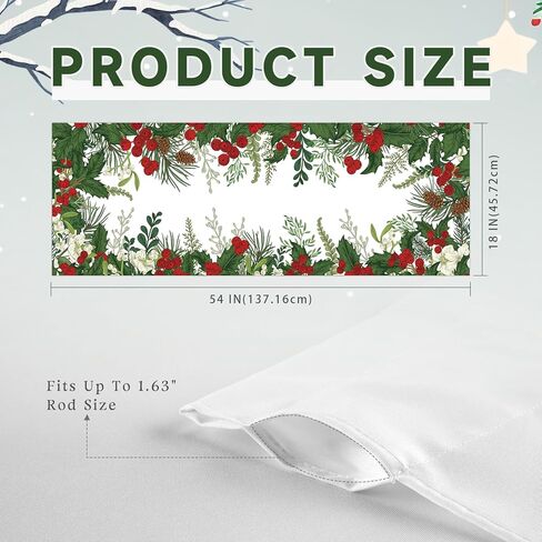 Christmas Curtain Valance 54x18 Inch Holly Branches with Red Berries Curtain Valance for Kitchen Bathroom Living Room Bedroom Decor in Kuwait