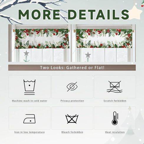 Christmas Curtain Valance 54x18 Inch Holly Branches with Red Berries Curtain Valance for Kitchen Bathroom Living Room Bedroom Decor in Kuwait