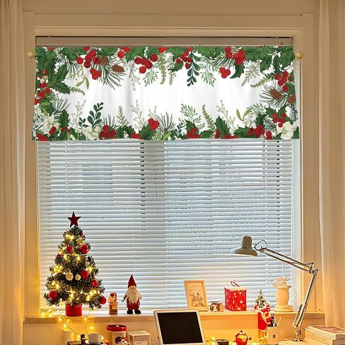 Christmas Curtain Valance 54x18 Inch Holly Branches with Red Berries Curtain Valance for Kitchen Bathroom Living Room Bedroom Decor in Kuwait