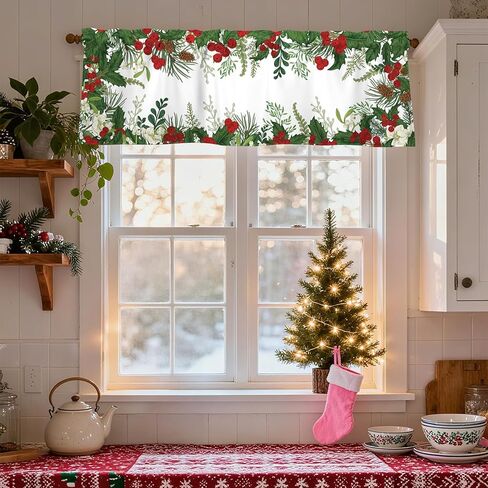 Christmas Curtain Valance 54x18 Inch Holly Branches with Red Berries Curtain Valance for Kitchen Bathroom Living Room Bedroom Decor in Kuwait