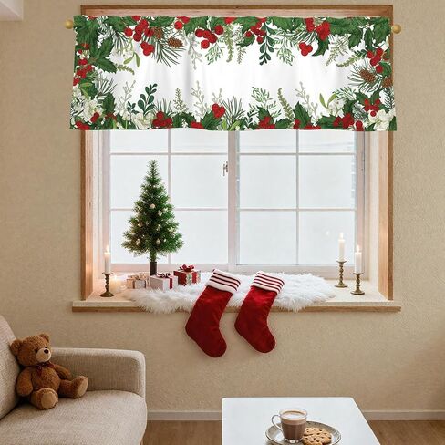 Christmas Curtain Valance 54x18 Inch Holly Branches with Red Berries Curtain Valance for Kitchen Bathroom Living Room Bedroom Decor in Kuwait