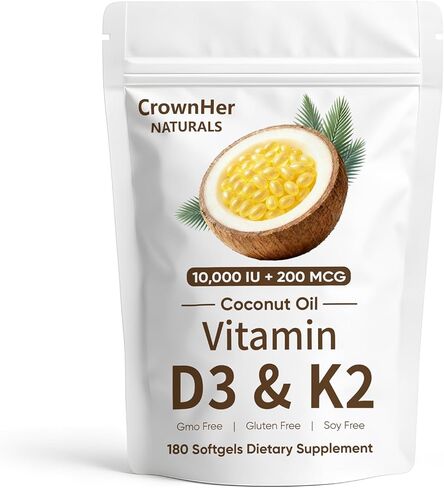CrownHer Naturals D3 K2، CrownHer Natural Vitamin D3 10000 IU + K2 200 MCG، فيتامين D3 وK2 كبسولات هلامية لينة من زيت جوز الهند للعظام وصحة المناعة، تعزز امتصاص الطاقة والكالسيوم، 180 جل (1) in Saudi Arabia