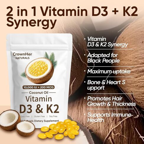 CrownHer Naturals D3 K2، CrownHer Natural Vitamin D3 10000 IU + K2 200 MCG، فيتامين D3 وK2 كبسولات هلامية لينة من زيت جوز الهند للعظام وصحة المناعة، تعزز امتصاص الطاقة والكالسيوم، 180 جل (1) in Saudi Arabia