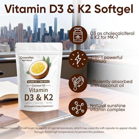 CrownHer Naturals D3 K2، CrownHer Natural Vitamin D3 10000 IU + K2 200 MCG، فيتامين D3 وK2 كبسولات هلامية لينة من زيت جوز الهند للعظام وصحة المناعة، تعزز امتصاص الطاقة والكالسيوم، 180 جل (1) in Saudi Arabia