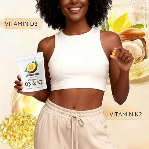 CrownHer Naturals D3 K2، CrownHer Natural Vitamin D3 10000 IU + K2 200 MCG، فيتامين D3 وK2 كبسولات هلامية لينة من زيت جوز الهند للعظام وصحة المناعة، تعزز امتصاص الطاقة والكالسيوم، 180 جل (1) in Saudi Arabia