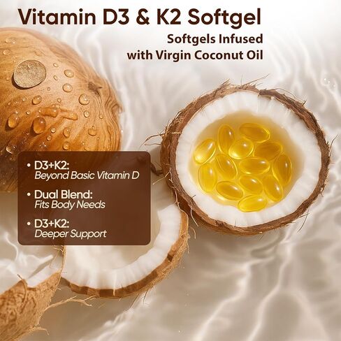 CrownHer Naturals D3 K2، CrownHer Natural Vitamin D3 10000 IU + K2 200 MCG، فيتامين D3 وK2 كبسولات هلامية لينة من زيت جوز الهند للعظام وصحة المناعة، تعزز امتصاص الطاقة والكالسيوم، 180 جل (1) in Saudi Arabia