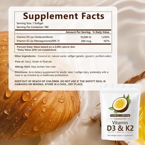 CrownHer Naturals D3 K2، CrownHer Natural Vitamin D3 10000 IU + K2 200 MCG، فيتامين D3 وK2 كبسولات هلامية لينة من زيت جوز الهند للعظام وصحة المناعة، تعزز امتصاص الطاقة والكالسيوم، 180 جل (1) in Saudi Arabia