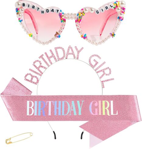 3Pcs Birthday Girl Sash Headband Set-Birthday Sash Tiara and Crown Sunglasses for Girls Women in Saudi Arabia