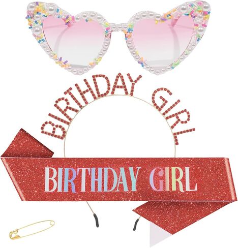 3Pcs Birthday Girl Sash Headband Set-Birthday Sash Tiara and Crown Sunglasses for Girls Women in Saudi Arabia