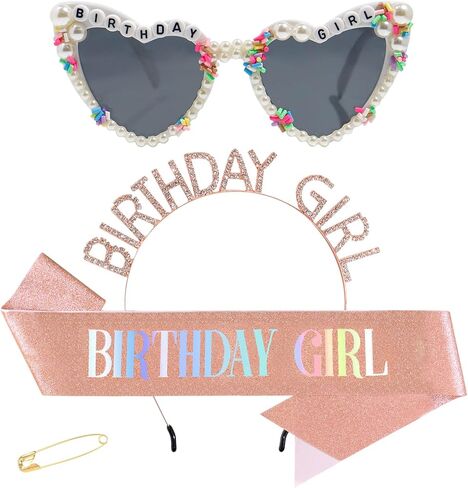 3Pcs Birthday Girl Sash Headband Set-Birthday Sash Tiara and Crown Sunglasses for Girls Women in Saudi Arabia