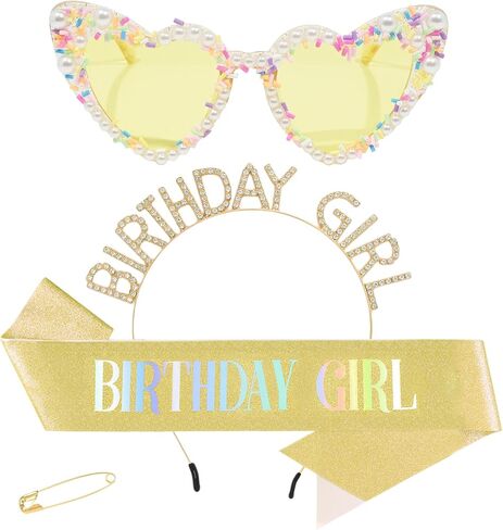 3Pcs Birthday Girl Sash Headband Set-Birthday Sash Tiara and Crown Sunglasses for Girls Women in Saudi Arabia