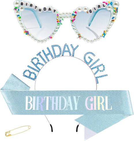 3Pcs Birthday Girl Sash Headband Set-Birthday Sash Tiara and Crown Sunglasses for Girls Women in Saudi Arabia