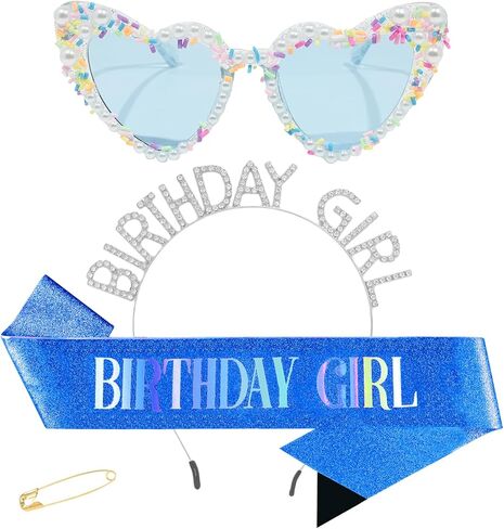 3Pcs Birthday Girl Sash Headband Set-Birthday Sash Tiara and Crown Sunglasses for Girls Women in Saudi Arabia