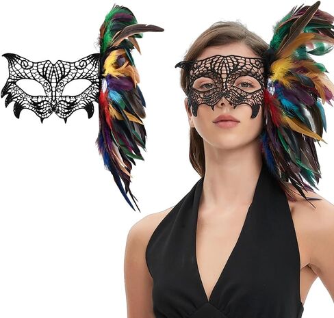 Fox Lace Masquerade Mask for Women, Colorful Feather Eye Mask with Elastic Strap, Costume for Halloween Party in Saudi Arabia