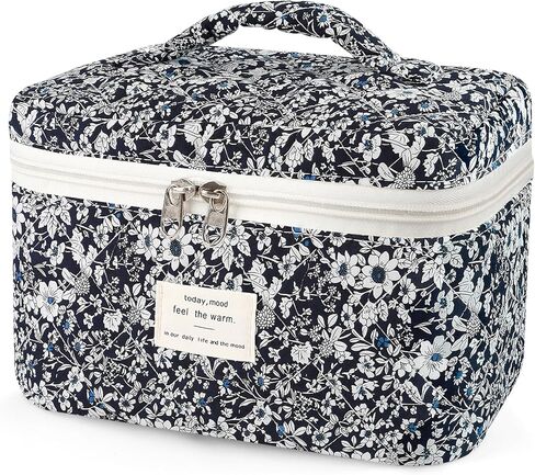 3Pcs Cotton Quilted Makeup Bag for Women Girls, Large Floral Cosmetic Bag Set Cute Makeup Brushes Aesthetic Accessories Storage Bag Travel Toiletry Bag Organizer for Women in Saudi Arabia