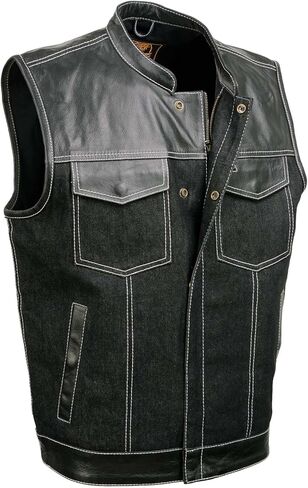Milwaukee Leather MDM3006 Men's 'Brute' Black Denim and Black Leather Club Style Vest w/Hidden Dual Closure in Saudi Arabia