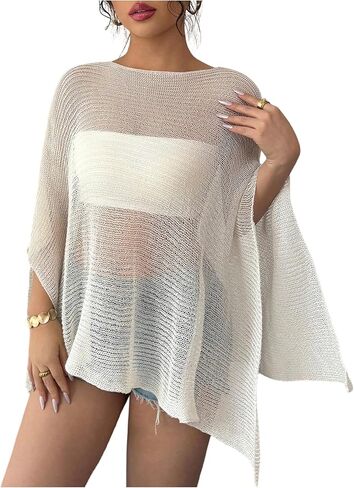 Women's Off The Shoulder Cover Up Tops Mesh Sheer Crochet Knitted Shrug Shawl Poncho Top in Saudi Arabia