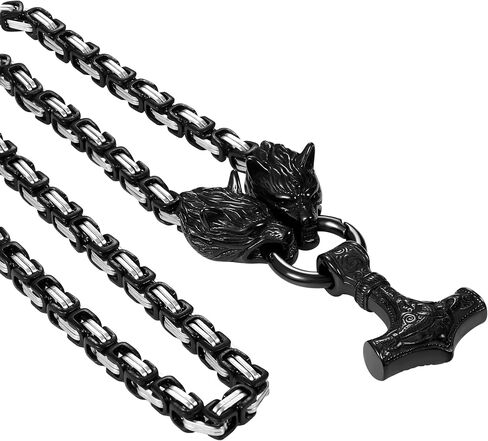 OIDEA Viking Mjolnir Necklace for Men with Wolf Head King Chain, Stainless Steel Viking Amulet Thors Hammer Necklace Pendant Norse Pagan Jewelry in Kuwait