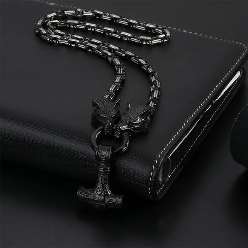 OIDEA Viking Mjolnir Necklace for Men with Wolf Head King Chain, Stainless Steel Viking Amulet Thors Hammer Necklace Pendant Norse Pagan Jewelry in Kuwait