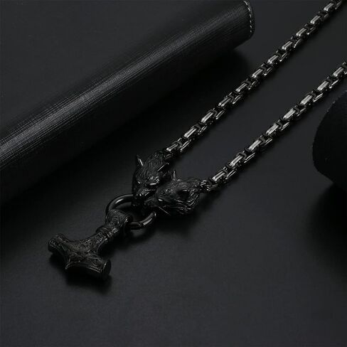 OIDEA Viking Mjolnir Necklace for Men with Wolf Head King Chain, Stainless Steel Viking Amulet Thors Hammer Necklace Pendant Norse Pagan Jewelry in Kuwait
