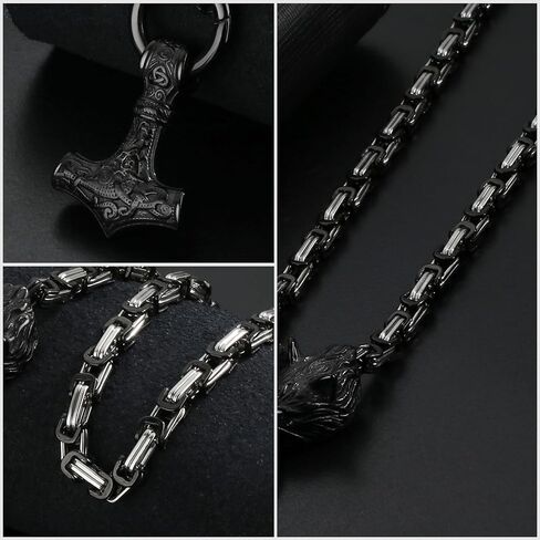 OIDEA Viking Mjolnir Necklace for Men with Wolf Head King Chain, Stainless Steel Viking Amulet Thors Hammer Necklace Pendant Norse Pagan Jewelry in Kuwait