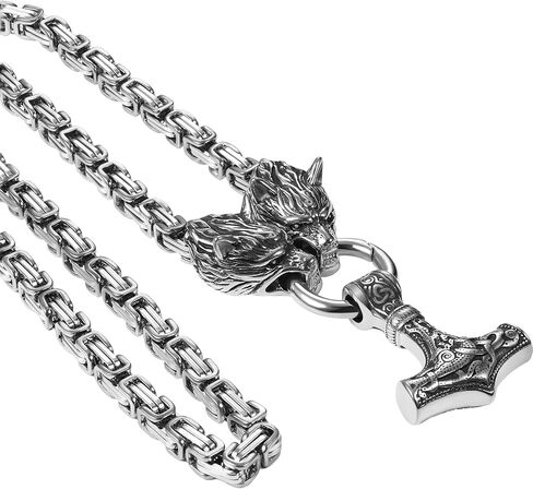 OIDEA Viking Mjolnir Necklace for Men with Wolf Head King Chain, Stainless Steel Viking Amulet Thors Hammer Necklace Pendant Norse Pagan Jewelry in Kuwait