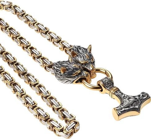OIDEA Viking Mjolnir Necklace for Men with Wolf Head King Chain, Stainless Steel Viking Amulet Thors Hammer Necklace Pendant Norse Pagan Jewelry in Kuwait