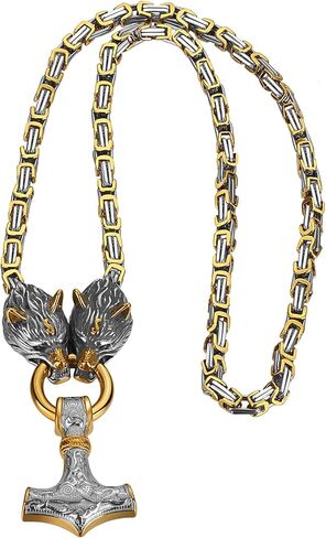 OIDEA Viking Mjolnir Necklace for Men with Wolf Head King Chain, Stainless Steel Viking Amulet Thors Hammer Necklace Pendant Norse Pagan Jewelry in Kuwait