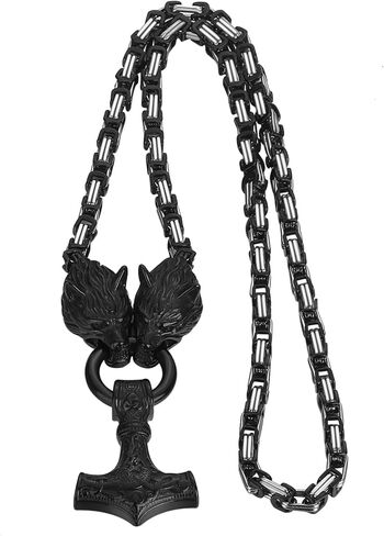 OIDEA Viking Mjolnir Necklace for Men with Wolf Head King Chain, Stainless Steel Viking Amulet Thors Hammer Necklace Pendant Norse Pagan Jewelry in Kuwait