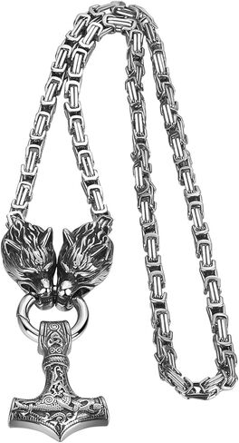 OIDEA Viking Mjolnir Necklace for Men with Wolf Head King Chain, Stainless Steel Viking Amulet Thors Hammer Necklace Pendant Norse Pagan Jewelry in Kuwait