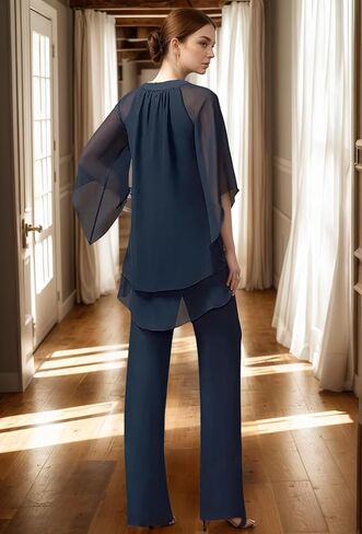 2 قطعة أم العروس بانت الدعاوى 3/4 كم الشيفون Pantsuit لحفل الزفاف كشكش طويل أم العريس بدل رجالي in Kuwait