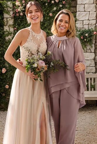 2 قطعة أم العروس بانت الدعاوى 3/4 كم الشيفون Pantsuit لحفل الزفاف كشكش طويل أم العريس بدل رجالي in Kuwait