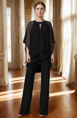 2 قطعة أم العروس بانت الدعاوى 3/4 كم الشيفون Pantsuit لحفل الزفاف كشكش طويل أم العريس بدل رجالي in Kuwait