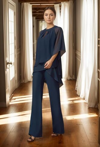 2 قطعة أم العروس بانت الدعاوى 3/4 كم الشيفون Pantsuit لحفل الزفاف كشكش طويل أم العريس بدل رجالي in Kuwait