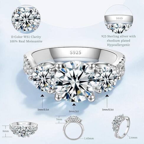 Moissanite Engagement Ring for Women, 3 Stone D Color VVS1, 925 Sterling Silver with 18K White Gold Plated, Moissanite Wedding Ring, Anniversary Promise Ring with Gift Box, Size 4.5-9 in Saudi Arabia
