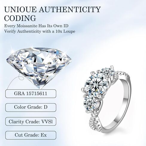 Moissanite Engagement Ring for Women, 3 Stone D Color VVS1, 925 Sterling Silver with 18K White Gold Plated, Moissanite Wedding Ring, Anniversary Promise Ring with Gift Box, Size 4.5-9 in Saudi Arabia