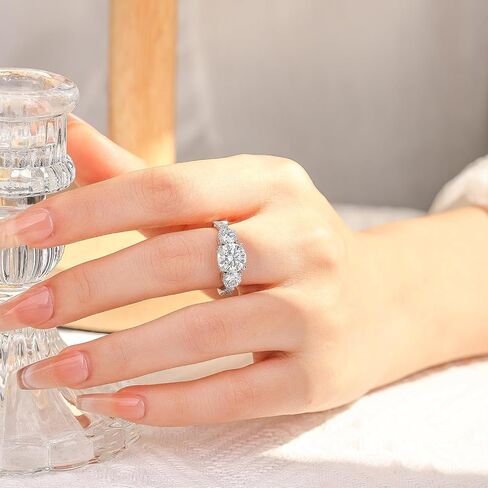 Moissanite Engagement Ring for Women, 3 Stone D Color VVS1, 925 Sterling Silver with 18K White Gold Plated, Moissanite Wedding Ring, Anniversary Promise Ring with Gift Box, Size 4.5-9 in Saudi Arabia