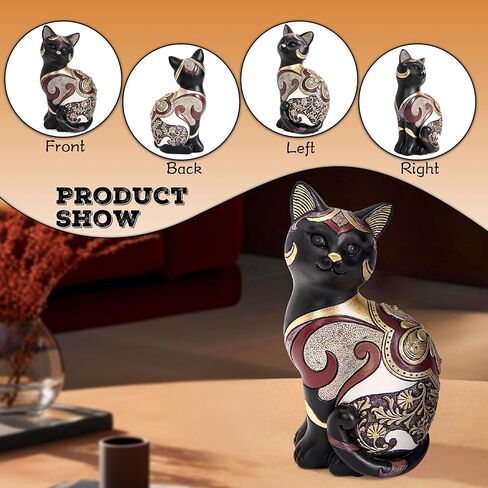 Black Cat Statue Home Decor Accent Boho Cat Figurines and Sculptures for Living Room Bedroom Shelf Office Table, Cats Art Decoration Vintage Matt Animals Gift for Cats Lovers, Woman Mom in Saudi Arabia